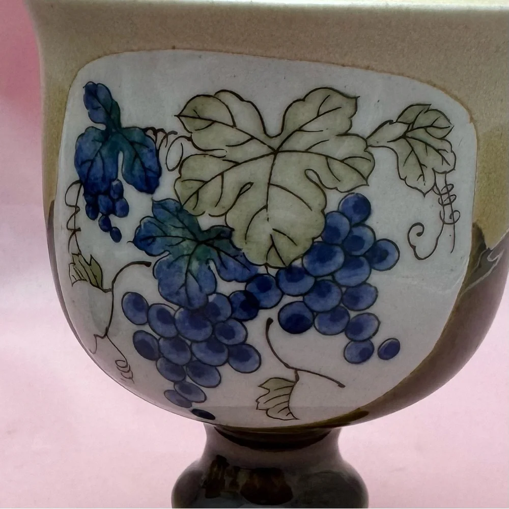 VTG Otagiri Blue Grapevine Goblet Set Stoneware MCM Wine Barware Japan